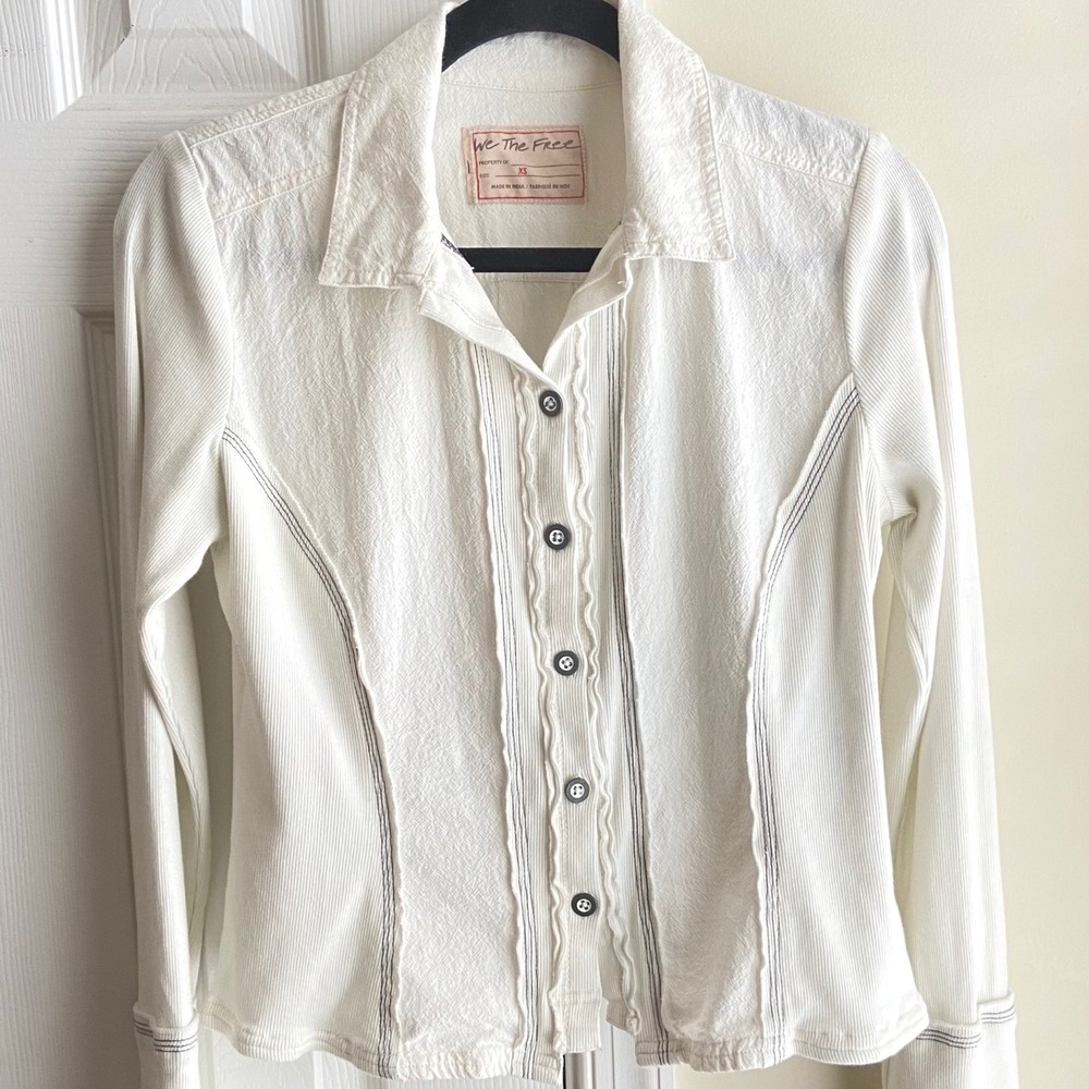 We The Free Womens Mixed Media Ruffle Button Down Shirt Boho Ivory XS